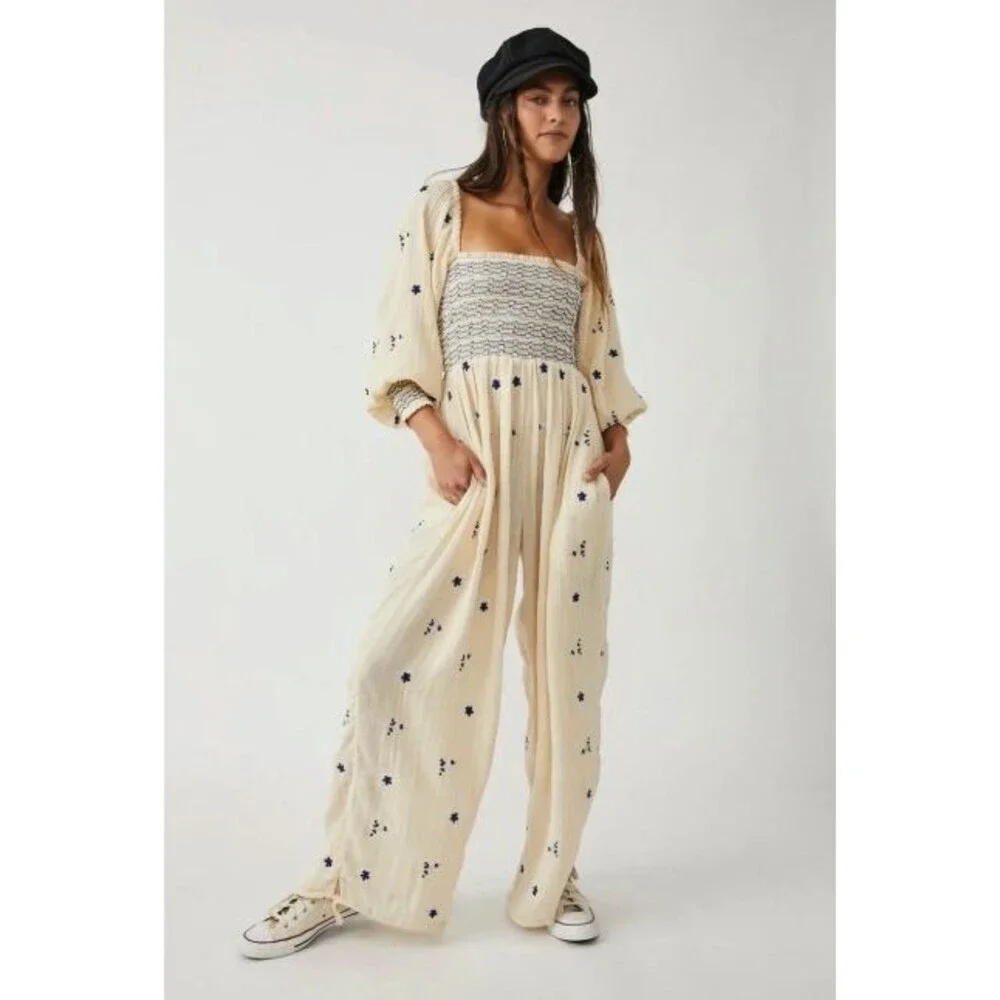 Free People Cream Blue Floral Embroidery Boho Cotton Jumpsuit Womens Large